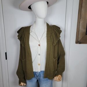 Madewell 100% Cotton Green Knit Ruffle Fisherman Cardigan Size XS